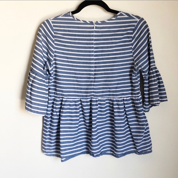 Blue and White Striped Bell Sleeve Keyhole Blouse - Picture 5 of 6